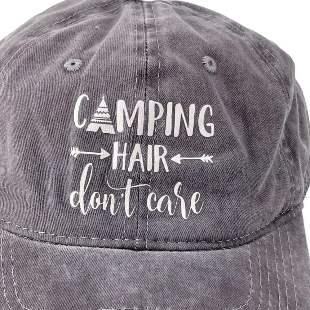 Camping Baseball Hat Cap Camping Hair Dont Care Womens One Size Gray Casual Hat